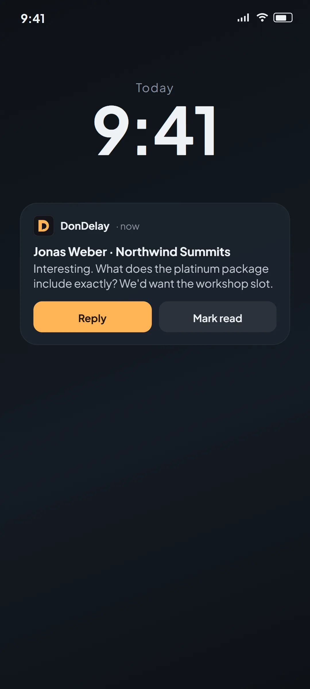 DonDelay push notification on an Android lock shade: Elena Marsh — Perfect, the 3 Feb keynote slot works.