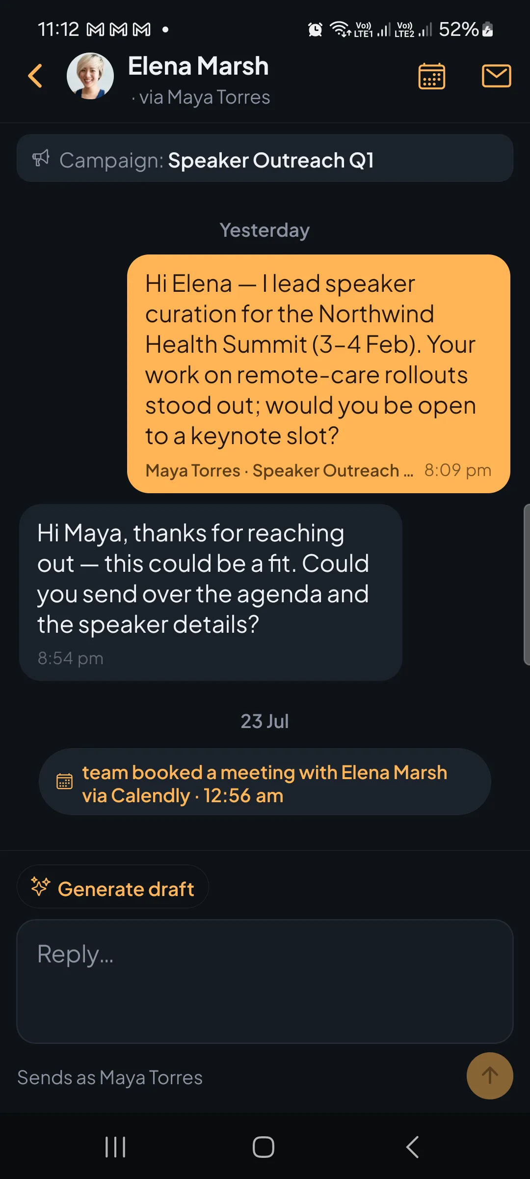 DonDelay conversation thread with the campaign pinned and Sends-as sender identity above the reply box.